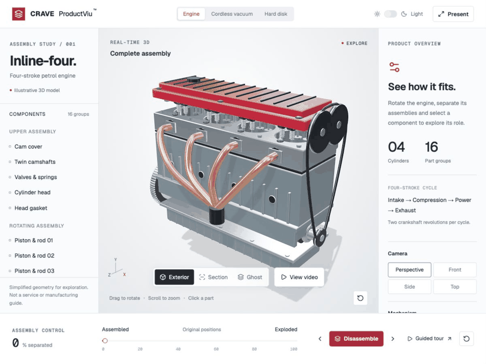 CRAVE ProductVIU engine demonstration: assembled, partly separated and fully exploded with labelled components